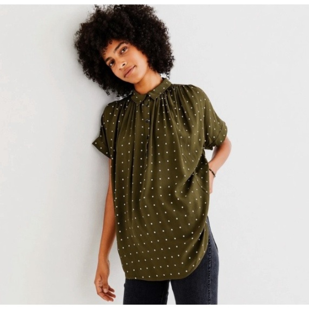 Madewell Olive Green Polka Dot Blouse | Draped Henley Top | Size XS - Picture 9 of 10
